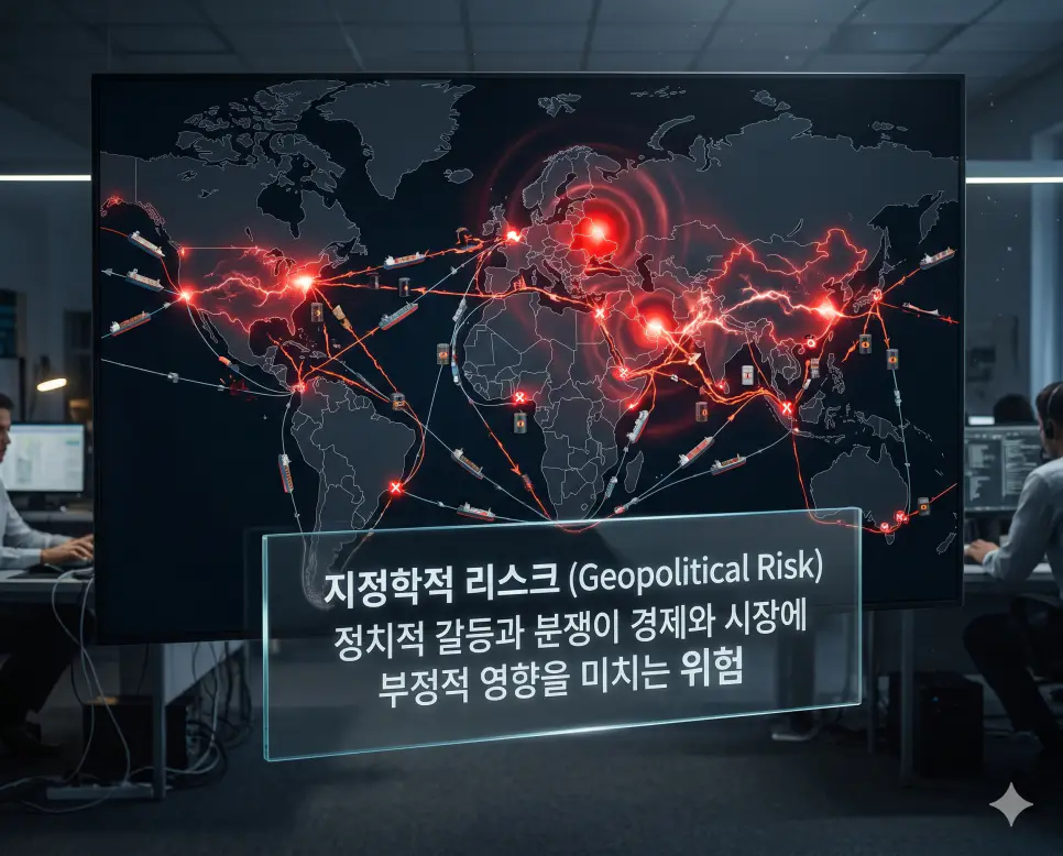 규모의 경제 뜻, 지정학적 리스크 뜻, 뱅크런 뜻: 경제 성장과 위기 분석 정리 2 지정학적 리스크(Geopolitical Risk)의 의미를 설명하기 위해 전 세계 지도상의 분쟁 지역이 글로벌 공급망과 원자재 시장에 충격을 주는 모습을 시각화한 초정밀 실사 이미지입니다. 정치적 불확실성이 환율과 주식 시장의 변동성을 높이는 핵심 외부 위험 요인임을 강조하여 담아냈습니다.