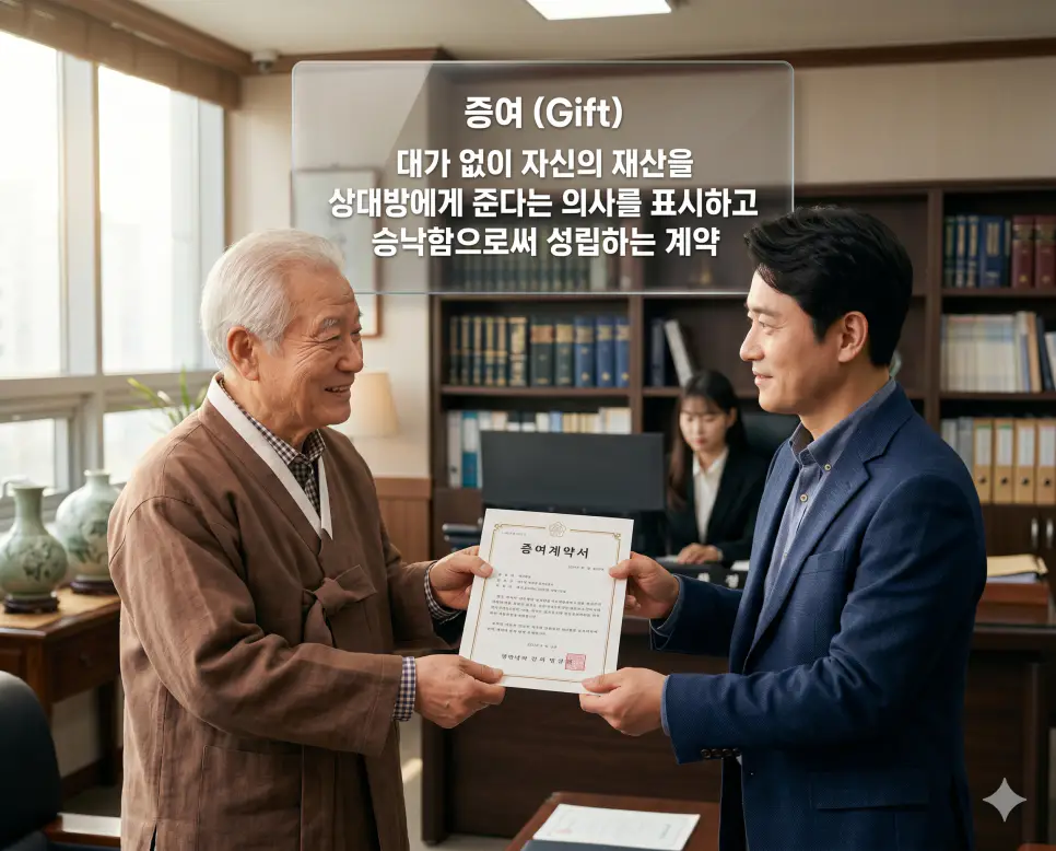 증여 뜻을 설명하기 위해 대가 없이 재산을 물려주는 법적 의사를 표시하고 계약을 체결하는 가족 간의 따뜻하고 신뢰 있는 장면을 시각화한 이미지
