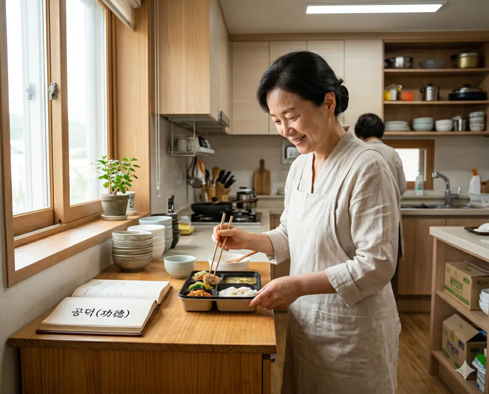 공덕 고결한 도덕적 자산 의미를 시각화하기 위해 정갈한 공동 복지 주방 안에서 한 여성이 이웃을 위한 나눔 음식을 포장하는 인물 실사 모습