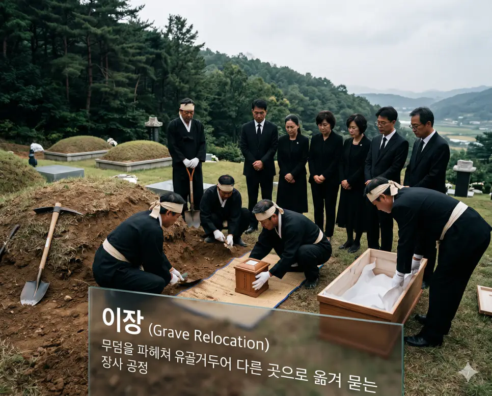 이장 뜻, 성묘 뜻, 벌초 뜻: 조상의 묘소를 옮기고 돌보는 전통 예법과 묘역 관리 상식 정리 1 이장(Relocation of a Grave)의 장사 공정 의미를 완벽하게 직관적으로 전달하기 위해, 흐린 하늘 아래 엄숙한 분위기가 감도는 산등성이 묘소 부지에서 검정 상복을 입은 유가족들과 전문가들이 고인의 유골을 거두어 새로운 안치처로 옮기기 위해 신중하게 현장을 살피며 예우를 다하는 장면을 촬영한 고해상도 실사 이미지입니다. 무덤을 옮겨 모시는 일련의 정중한 절차를 인물들의 진지한 표정과 현장의 무게감을 통해 1초 만에 인지할 수 있도록 생생하게 구현했습니다.