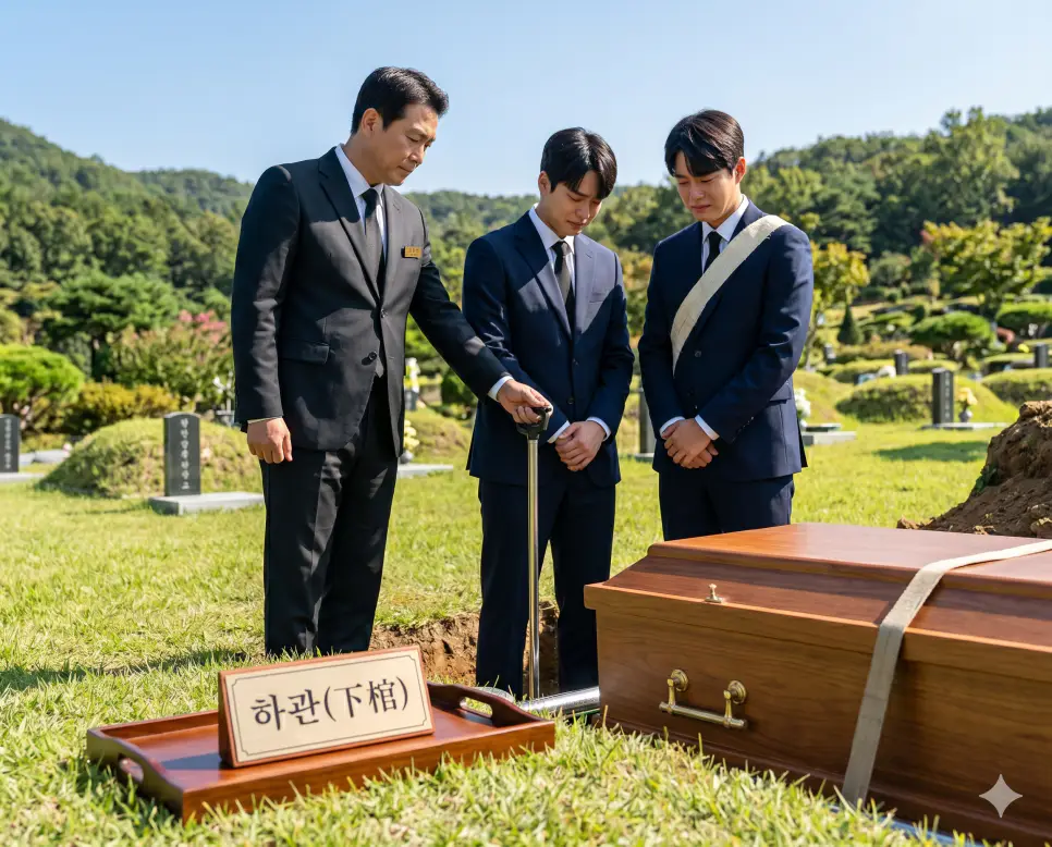 발인 뜻, 운구 뜻, 하관 뜻: 고인을 장지로 모시는 장례의 마지막 여정과 의례 3 하관 뜻 의례 공정을 표기하기 위해 푸른 산등성이 묘지에서 유가족과 장례 지도사가 유해 상자를 땅속에 정중히 안착시키는 인물 실사 이미지