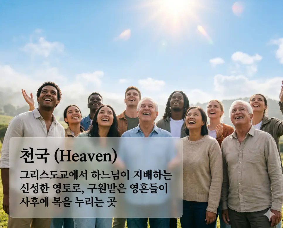 극락 뜻, 천국 뜻, 낙원 뜻: 불교와 그리스도교의 이상향 및 사후 안식처 완벽 정리 2 천국(Heaven)의 영원한 복과 기쁨을 생생하게 설명하기 위해, 광활하고 맑은 하늘 위로 쏟아지는 실제 태양광 아래에서 환희에 찬 표정으로 빛을 향해 고개를 든 사람들의 찰나의 순간을 포착한 고해상도 실사 이미지입니다. 인물들의 피부 결, 머리카락의 움직임, 눈동자에 맺힌 빛망울까지 소름 돋게 사실적으로 묘사하여 하느님이 다스리는 신성한 영토에서 누리는 지복의 순간을 직관적으로 시각화했습니다.