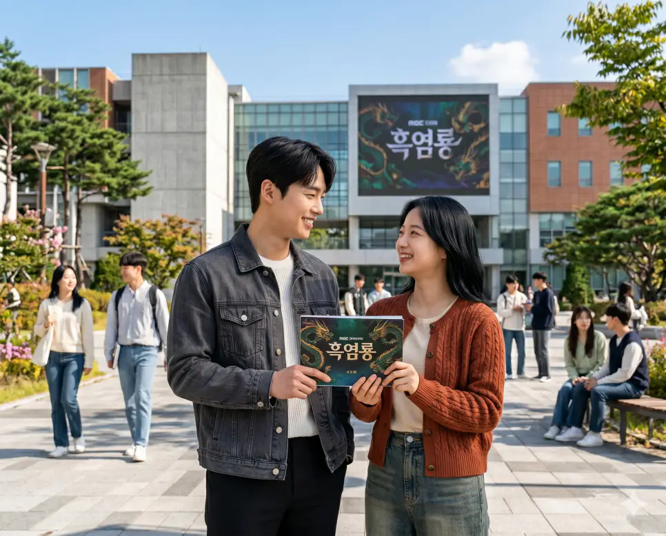 흑염룡 뜻 청춘 드라마를 설명하기 위해 대학교 캠퍼스 마당에서 주연 배우들이 대본 서책을 들고 다정하게 웃는 인물 실사 이미지