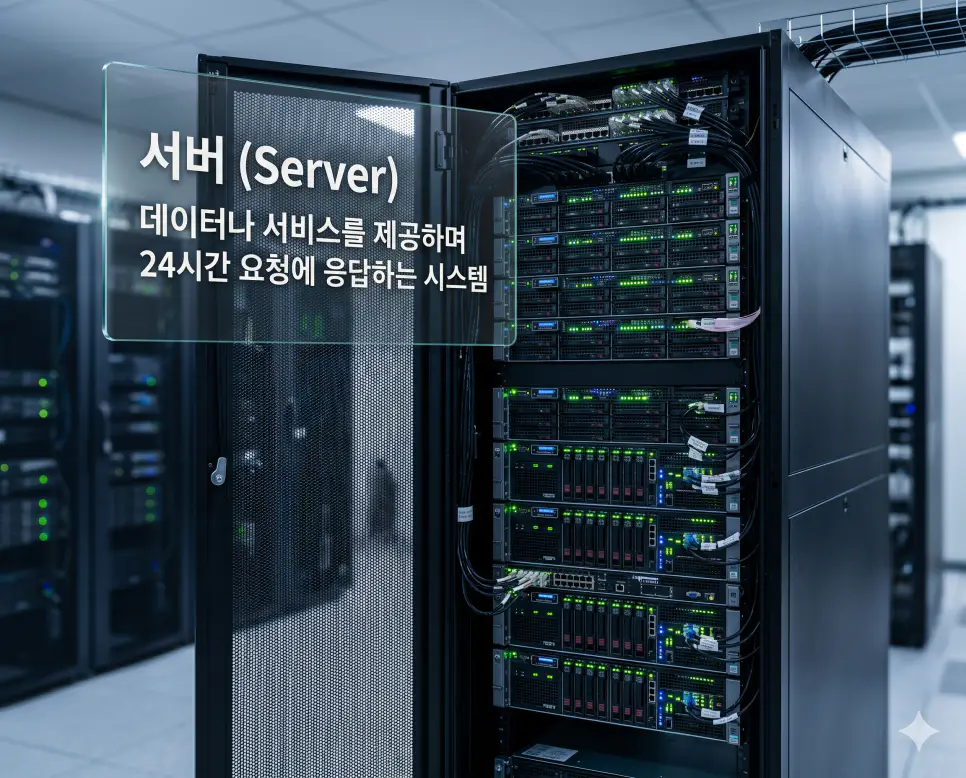 도메인 뜻, 서버 뜻, 백엔드 뜻: 웹사이트를 움직이는 3대 핵심 요소 2 서버 뜻을 시각화하기 위해 네트워크를 통해 사용자에게 데이터와 서비스를 24시간 제공하는 강력한 컴퓨터 시스템을 데이터 센터의 모습으로 담은 이미지
