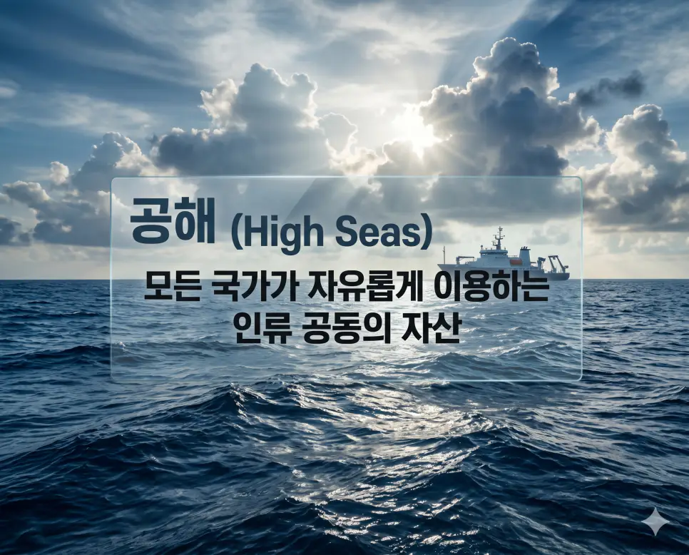 공해 뜻을 설명하기 위해 국경 없이 펼쳐진 광활한 대양과 자유로운 항해를 상징하는 선박의 모습을 담은 실사 이미지