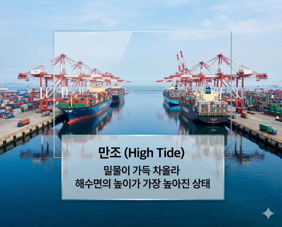 만조 뜻을 정의하기 위해 밀물이 가득 차올라 수심이 깊어진 항구에 대형 컨테이너선이 안전하게 정박해 있는 고화질 사진