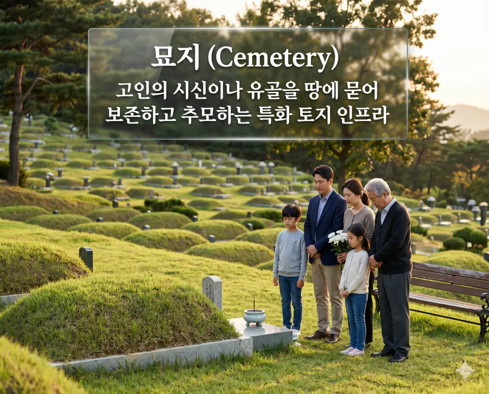 묘지(Cemetery)의 평화로운 안식처 개념을 직관적으로 설명하기 위해, 푸른 잔디가 잘 관리된 완만한 언덕 위 공동묘지에서 한 한국인 가족이 전통적인 봉분 형태의 조상 묘 앞에 엄숙하고 정중한 자세로 서서 깊은 그리움과 예우를 담아 넋을 기리는 풍경을 촬영한 고해상도 실사 이미지입니다. 시신이나 유골을 땅에 묻어 보존하는 특화 토지 인프라의 안락함과 경건함을 인물들의 자세와 정갈한 자연 환경을 통해 한눈에 파악할 수 있도록 구현했습니다.