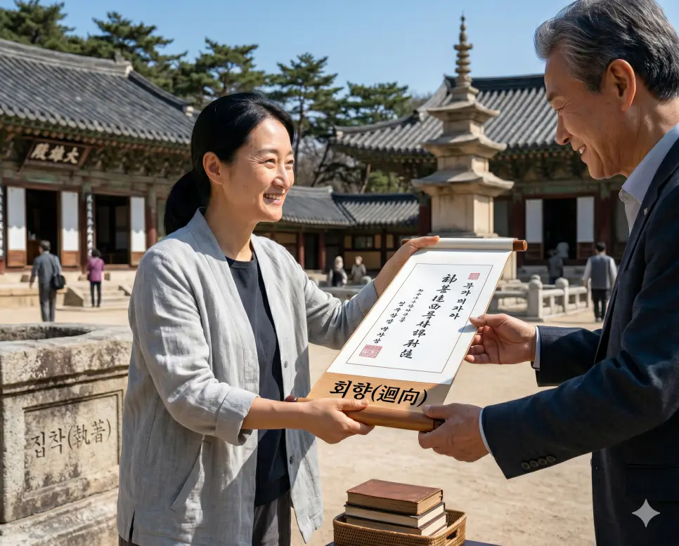 회향 실천 공정 뜻을 표기하기 위해 맑은 사찰 마당에서 한 수행자가 대중 공동체의 안녕을 위해 기부 서책을 기쁨으로 양도하는 인물 실사 이미지