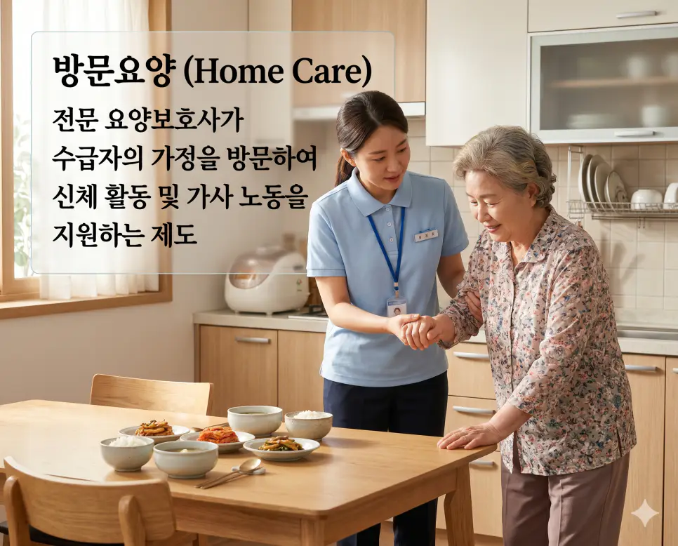 방문요양(Home Care Services)의 제도적 개념을 직관적으로 설명하기 위해, 아늑하고 햇살이 잘 드는 한국 가정집 주방에서 깔끔한 유니폼을 착용한 전문 요양보호사가 거동이 다소 불편한 고령의 할머니 손을 따뜻하게 지탱해 주며 식탁 옆으로 안전하게 걸어갈 수 있도록 신체 활동과 가사 노동을 밀착 지원하는 풍경을 근접 촬영한 고해상도 실사 이미지입니다. 수급자의 가정을 찾아가 제공하는 전문 돌봄 서비스의 핵심을 인물 중심의 구체적인 상황을 통해 한눈에 파악할 수 있도록 구현했습니다.