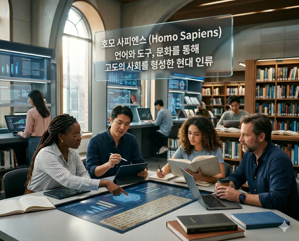 영장류 뜻, 유인원 뜻, 호모 사피엔스 뜻: 인류의 기원과 진화 과정 완벽 가이드 3 호모 사피엔스 뜻을 설명하기 위해 언어와 도구 및 문화를 통해 지혜를 나누며 살아가는 현대 인류의 모습을 표현한 시각 자료