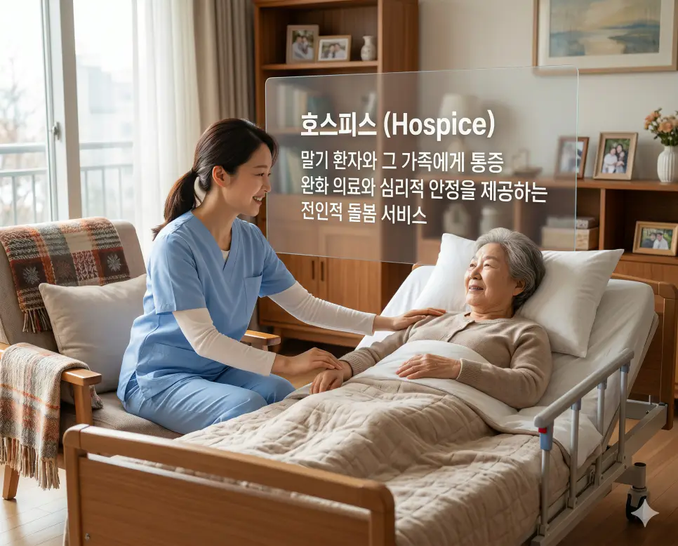 호스피스(Hospice Care)의 전인적 돌봄 개념을 즉각적으로 인지할 수 있도록, 밝고 안락하게 꾸며진 완화의료 병동 거실 소파에서 자상한 표정의 한국인 호스피스 전문 간호사가 말기 환자인 할머니의 맥박을 짚으며 따뜻하게 보살피고 있고 그 옆에서 간호사의 설명을 들으며 깊은 정서적 안도감을 느끼는 환자 딸의 표정을 묘사한 고해상도 실사 이미지입니다. 단순한 치료를 넘어 말기 환자와 그 가족에게 통증 완화 의료와 심리적 안정을 동시에 제공하는 돌봄 서비스의 가치를 인물들의 따뜻한 교감과 무드를 통해 직관적으로 시각화했습니다.