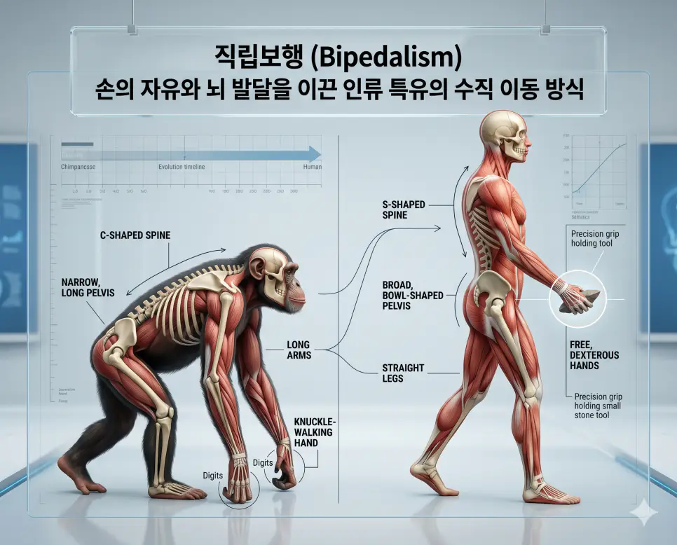 크로마뇽인 뜻, 직립보행 뜻, 적자생존 뜻: 현생 인류의 조상과 진화의 법칙 정리 2 직립보행 뜻을 시각화하기 위해 두 발로 걸으며 자유로워진 손으로 도구를 사용하고 뇌가 발달하게 된 인류의 신체적 특징을 담은 이미지