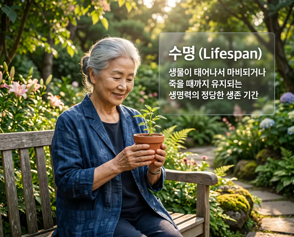 나이 뜻, 세수 뜻, 수명 뜻: 생애 주기의 누적 기간과 생존의 가치 및 신년 운수 정리 3 수명(Lifespan)의 숭고한 생명 유지 기간을 즉각적으로 인지할 수 있도록, 푸른 생명력이 가득한 식물원 안에서 건강하고 자애로운 표정의 한국인 할머니가 작은 초록 식물을 정성스레 손에 들고 생명의 경이로움과 자신의 살아온 날들에 감사하는 장면을 촬영한 고해상도 실사 이미지입니다. 태어나서 죽을 때까지 유지되는 생명력의 가치와 정당한 생존 기간을 인물의 인자한 모습과 싱그러운 자연 배경을 통해 직관적으로 시각화했습니다.