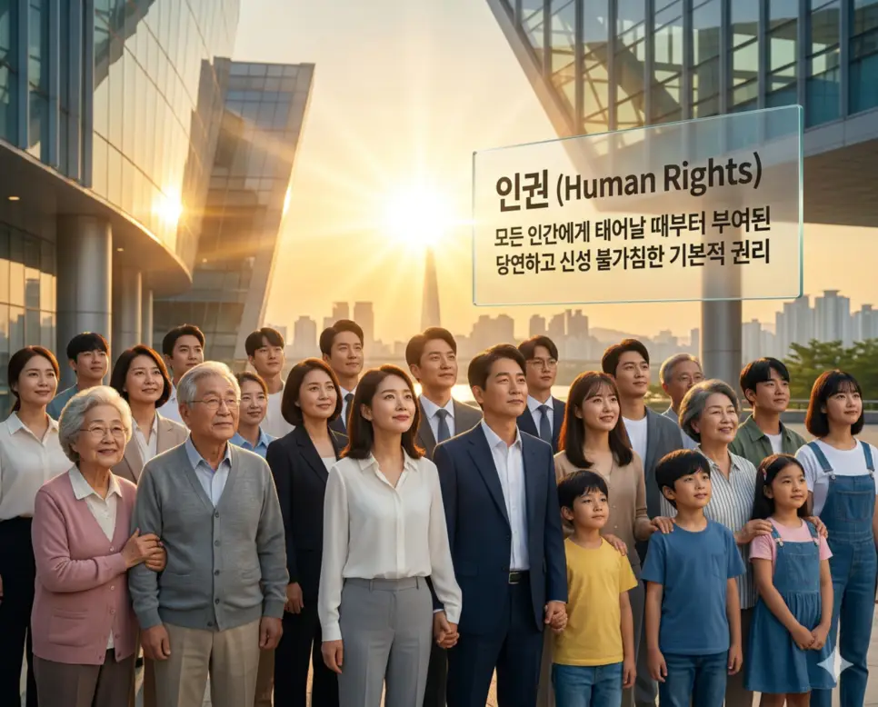 인권 뜻, 형평성 뜻, 재가 복지 뜻: 존엄한 삶을 위한 공정한 배려 1 인권 뜻을 설명하기 위해 국적과 성별에 관계없이 모든 인간이 누려야 할 신성불가침의 보편적 권리를 한국적인 배경 속에서 존엄하게 표현한 이미지