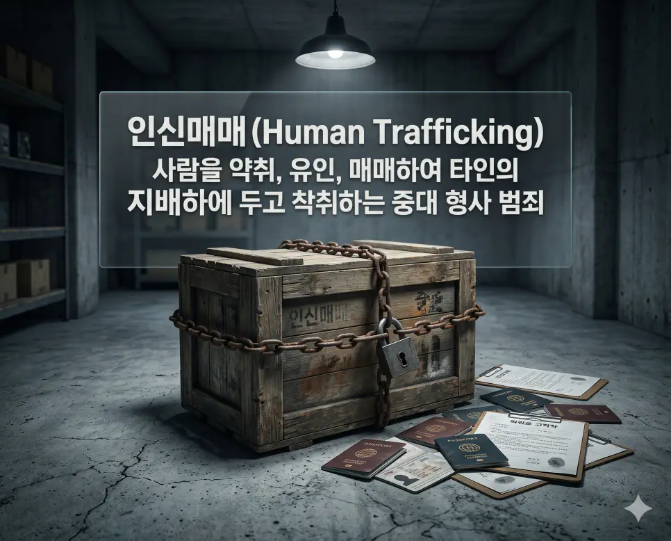 인신매매(Human Trafficking)의 법률적 개념을 직관적으로 설명하기 위해, 삭막한 콘크리트 공간 안 강렬한 탑 조명 아래 무거운 철제 사슬과 자물쇠로 굳게 묶인 오래된 나무 수송 상자가 놓여 있고 그 옆 바닥으로 위조된 신분증 여권들과 강제 노동 계약 서류판들이 흩어져 있는 풍경을 시각화한 초정밀 실사 이미지입니다. 사람을 매매하여 타인의 지배하에 두고 착취하는 중대 범죄의 본질을 한눈에 파악할 수 있도록 구현했습니다.