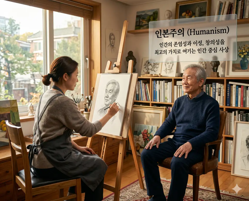 인본주의 뜻을 시각화하기 위해 인간의 존엄성과 창의성을 최고의 가치로 여기며 개개인의 가치를 존중하는 인간 중심 사상을 담은 이미지