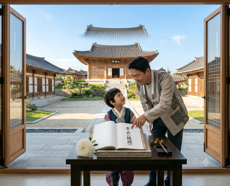 조상 뜻, 선대 뜻, 후손 뜻: 가문의 핏줄과 혈통적 인프라가 이어지는 실존적 지속 3 후손 뜻 지속성을 시각화하기 위해 밝은 한옥 마당에서 새 가문 기록 서책의 미세한 결을 선명하게 촬영한 실사 이미지