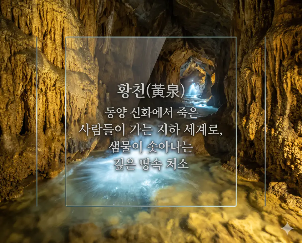 저승 뜻, 황천 뜻, 명부 뜻: 사후 심판과 영혼이 머무는 지하 세계 완벽 정리 2 황천(黃泉)의 신비로운 지하 세계를 생생하게 설명하기 위해, 황금빛 광물 벽으로 둘러싸인 깊은 땅속 동굴 안에서 신비로운 샘물이 솟구쳐 오르며 맑은 강을 이루는 장면을 소름 돋게 포착한 고해상도 실사 이미지입니다. 동양 신화 속 깊은 땅속 처소를 사실적인 빛의 반사와 동굴 질감 묘사를 통해 직관적으로 시각화했습니다.
