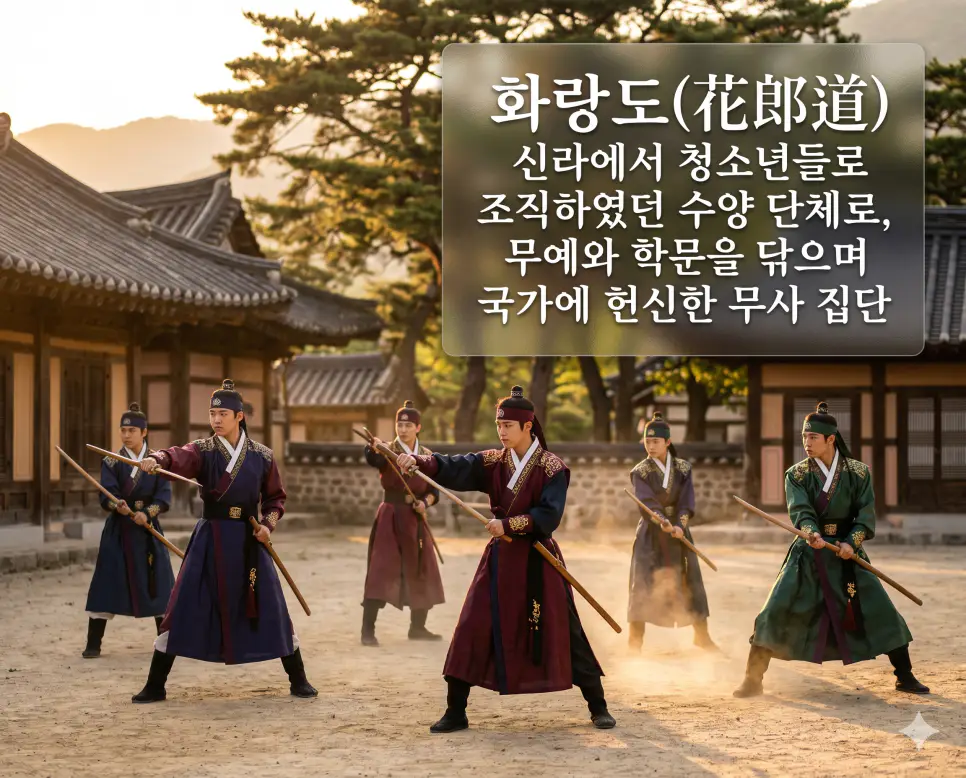 화랑도(花郞道)의 고결한 무사 정신을 생생하게 설명하기 위해, 노을 지는 신라의 전통 연무장에서 비단 관복의 세밀한 결이 느껴지는 수려한 한국인 청년 무사들이 날카로운 집중력으로 검술을 연마하는 찰나를 포착한 고해상도 실사 이미지입니다. 공기 중의 미세한 먼지 입자와 역동적인 움직임에 따른 옷자락의 휘날림, 그리고 인물의 강렬한 눈빛을 소름 돋게 사실적으로 묘사하여 국가에 헌신한 무사 집단의 기개를 직관적으로 시각화했습니다.