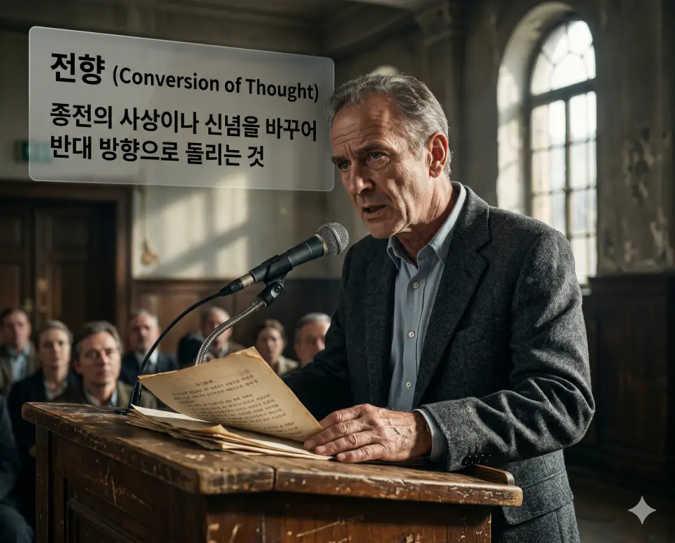 전향 뜻, 포섭 뜻, 회유 뜻: 신념의 반대 방향 변절과 자기편 조직원 확보 및 심리적 유인 행위 확인 1 전향 뜻을 설명하기 위해 과거의 신념을 버리고 공개적으로 전향 선언을 하는 첩보 요원의 결단에 찬 모습을 초고화질 실사 이미지로 묘사한 사진