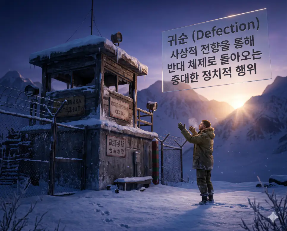 귀순 뜻을 설명하기 위해 적대 체제를 벗어나 사상적 전향을 선택하고 반대편으로 돌아와 항복하는 중대한 정치적 행위를 표현한 시각 자료
