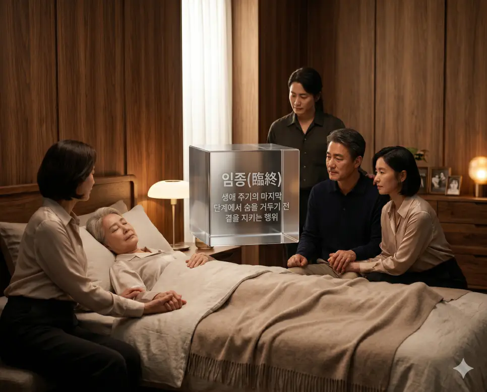 임종(臨終)의 엄숙한 경외감을 프리미엄 K-매거진 에디토리얼 스타일로 전달하기 위해, 따스한 원목 질감이 느껴지는 정갈한 방에서 가족들이 한 인물의 마지막 순간을 사랑과 존중으로 지켜보는 찰나의 장면을 촬영한 고해상도 실사 이미지입니다. 투박한 글씨 대신 세련된 실버 톤의 적당한 크기 글씨로 정의를 크리스털 큐브 위에 각인하여 가독성과 심미성을 극대화했습니다.