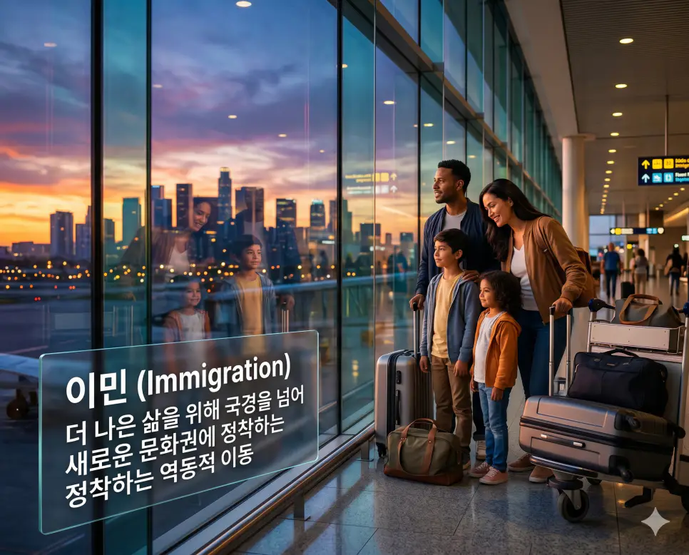 귀화 뜻, 이민 뜻, 영주권 뜻: 새로운 국가와 삶의 정착 2 이민 뜻을 시각화하기 위해 새로운 삶과 기회를 찾아 국경을 넘어 다른 나라로 영구적으로 이주하여 정착하는 과정을 담은 이미지
