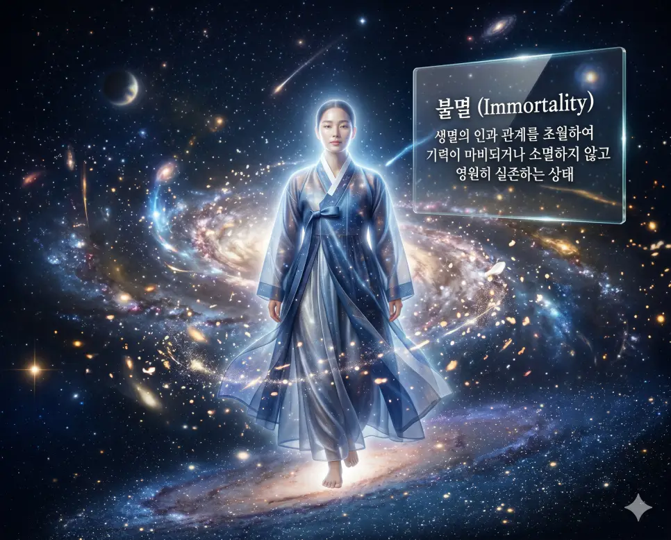 불멸(Immortality)의 초월적인 실존 개념을 직관적으로 설명하기 위해, 광활하고 신비로운 우주 성운을 배경으로 은은한 빛을 내뿜으며 고요하고 영원한 표정으로 서 있는 한국인 초월자의 모습을 촬영한 고해상도 실사 이미지입니다. 생과 사의 인과 관계를 벗어나 소멸하지 않는 영원한 존재의 신비로움을 인물의 비현실적인 기품과 찬란한 우주 조명을 통해 한눈에 파악할 수 있도록 구현했습니다.