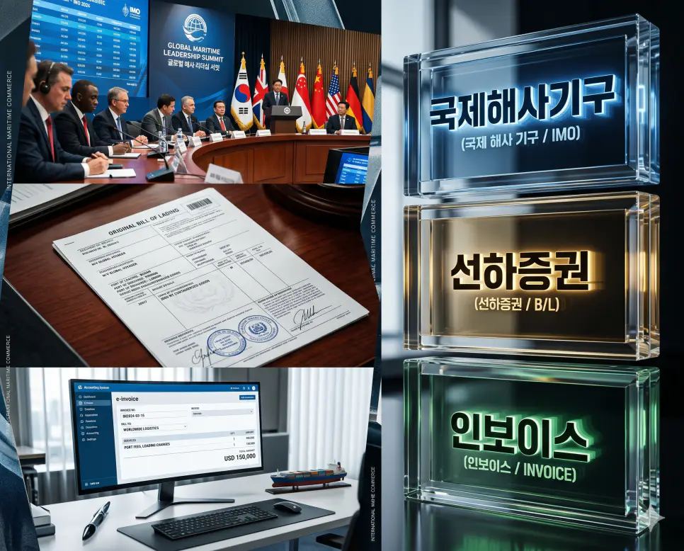 해상 법규의 기틀인 IMO와 무역의 핵심 서류인 B/L, 인보이스의 개념을 입체적으로 분석하는 프리미엄 비주얼 전략 포스터 이미지