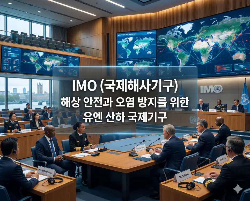 IMO 뜻을 설명하기 위해 해상 안전 규범을 제정하는 국제기구의 권위 있는 회의 현장을 묘사한 실사 이미지