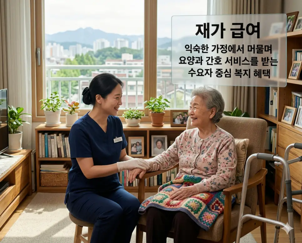 재가 급여 뜻, 소진 뜻, 모금 뜻: 따뜻한 돌봄과 지속 가능한 나눔 1 재가 급여 뜻을 설명하기 위해 장기 요양 보험 대상자가 익숙한 가정에서 존엄성을 유지하며 전문적인 요양 서비스를 받는 따뜻한 장면을 시각화한 이미지