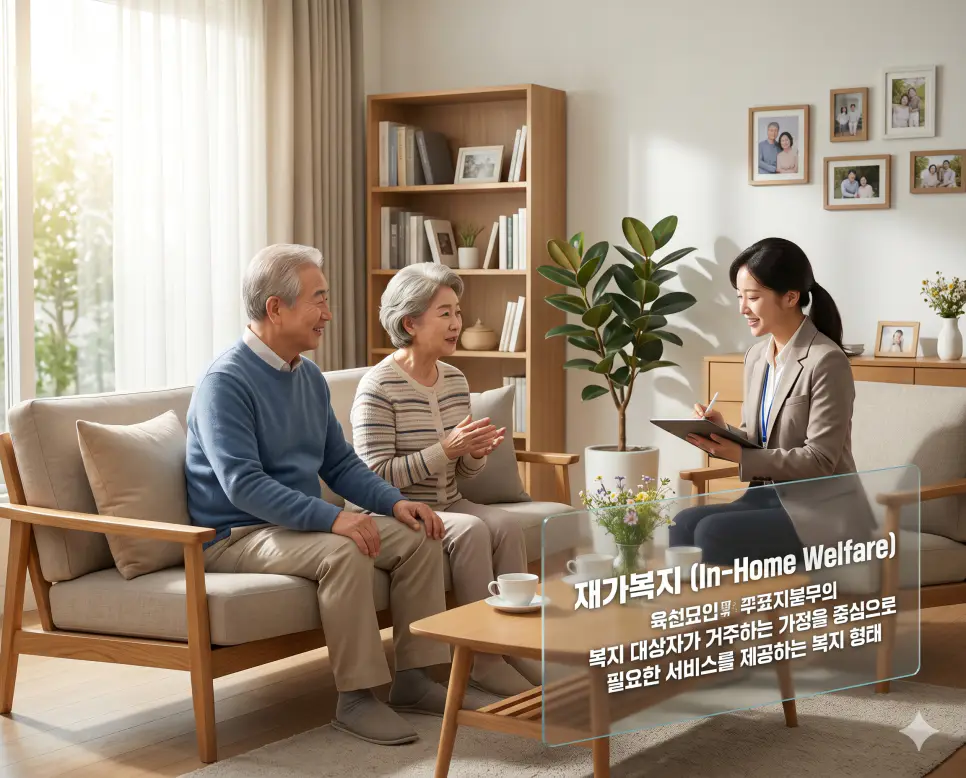 재가복지(In-Home Welfare)의 행정적·복지학적 개념을 즉각적으로 인지할 수 있도록, 밝고 편안한 현대식 거실 안 나무 소파에 앉은 다정한 노부부가 가정을 방문한 전문 케어 매니저와 마주 앉아 태블릿 화면을 보며 필요한 서비스에 대해 웃으며 상담을 나누고 있는 모습을 묘사한 고해상도 실사 이미지입니다. 시설이 아닌 대상자가 거주하는 가정을 중심으로 체계적인 서비스를 제공하는 복지 형태의 존엄함과 안락함을 인물들의 교감과 무드를 통해 직관적으로 시각화했습니다.