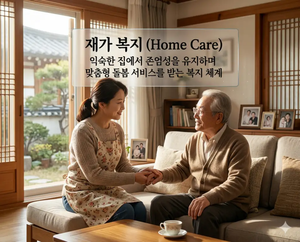 인권 뜻, 형평성 뜻, 재가 복지 뜻: 존엄한 삶을 위한 공정한 배려 3 재가 복지 뜻을 설명하기 위해 신체적 어려움을 겪는 이들이 익숙한 집에서 존엄성을 유지하며 전문적인 돌봄 서비스를 받는 따뜻한 장면을 표현한 시각 자료