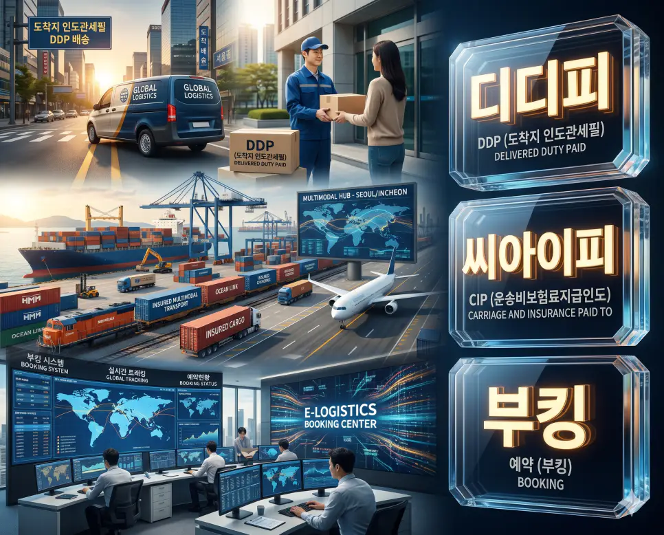 인코텀즈의 정점인 DDP, CIP 조건과 물류의 시작인 부킹의 핵심 개념을 완벽 분석하는 프리미엄 비주얼 전략 포스터 이미지