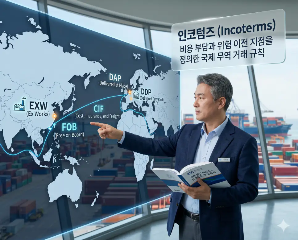 신용장 (L/C) 뜻, 통관 뜻, 인코텀즈 뜻: 무역 대금 결제의 안전장치와 수출입 행정 절차 분석 3 인코텀즈 뜻을 정의하기 위해 국제 정형거래조건에 따른 위험 이전 지점과 비용 분담을 분석하는 무역 실무 이미지