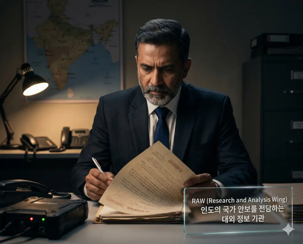 RAW 뜻을 시각화하기 위해 비밀스러운 인도 정보국 사무실에서 국가 기밀 문서를 꼼꼼히 점검하는 전문 분석관의 8k 실사 사진