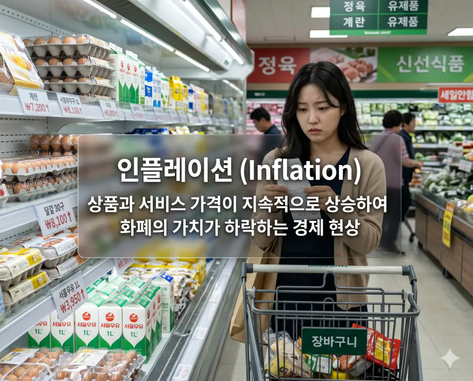 인플레이션 뜻을 설명하기 위해 상품 가격이 지속적으로 상승하여 구매력이 약화되는 현대적인 마트 풍경을 초정밀 실사로 시각화한 이미지
