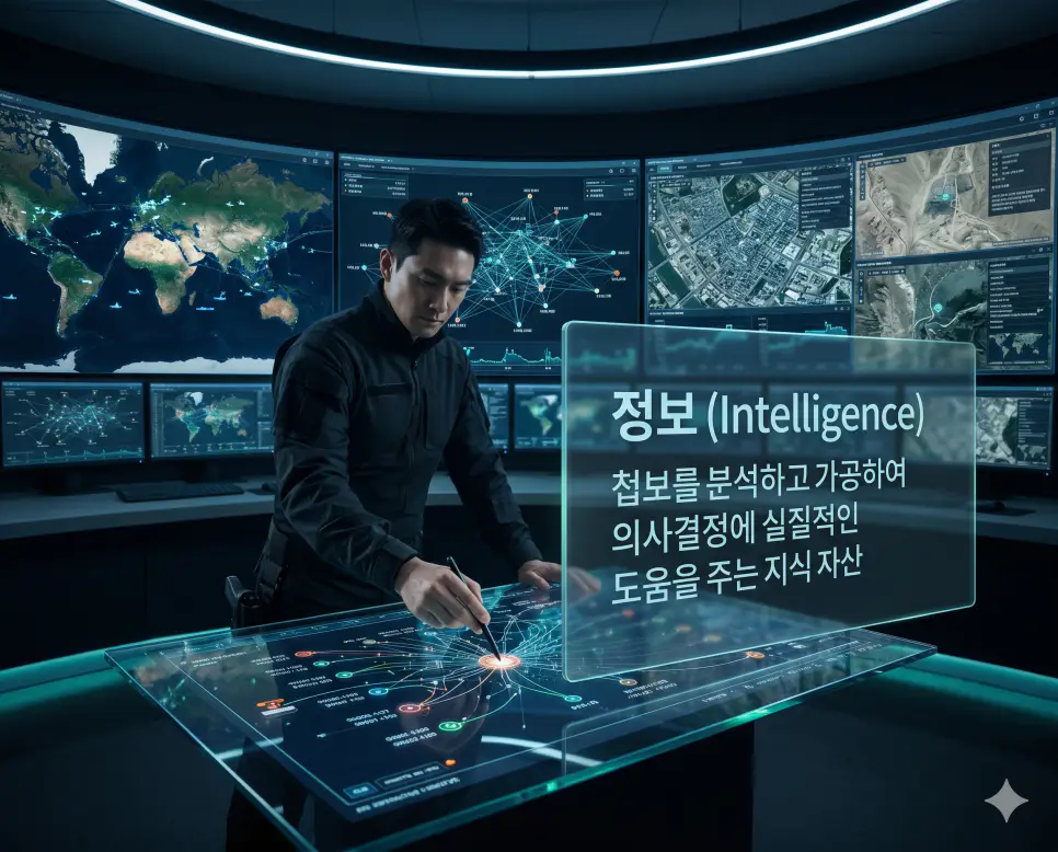 방첩 뜻, 공작 뜻, 정보 뜻: 국가 기밀 방어 활동과 은밀한 비밀 작전 및 분석된 지식 자산 확인 3 정보 뜻을 정의하기 위해 복잡한 데이터를 분석하여 가치 있는 지식으로 가공하는 현대적인 정보 분석 센터의 내부를 선명하게 포착한 실사 이미지