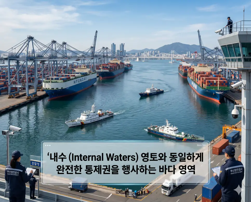 영해 뜻, 내수 뜻, 해협 뜻: 국가 주권이 미치는 바다의 경계와 전략적 요충지 분석 2 내수 뜻을 시각화하기 위해 완벽한 주권 통제가 이루어지는 대형 무역항과 내해의 보안 시스템 사진
