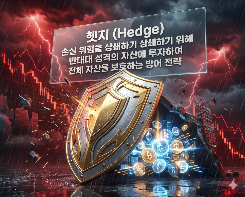 수급 뜻, 리밸런싱 뜻, 헷지 뜻: 안전하고 똑똑한 투자 운영 전략 3 헷지 뜻을 설명하기 위해 투자 손실 위험을 상쇄하고 전체 자산의 가치를 보호하기 위한 방어벽과 보호막을 상징적으로 표현한 시각 자료