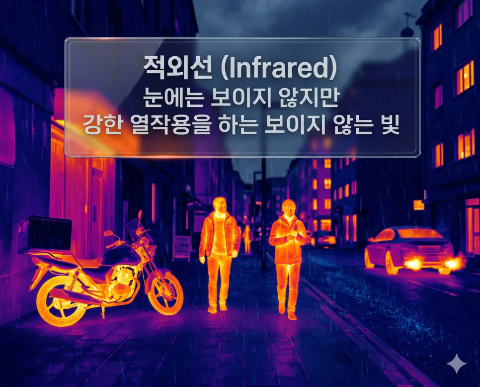 적외선 뜻을 설명하기 위해 눈에 보이지 않는 열에너지를 열화상 카메라 형식으로 포착하여 시각화한 이미지