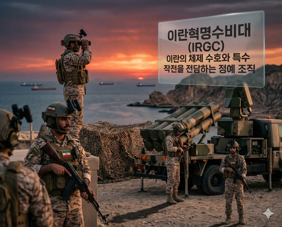 이란혁명수비대(IRGC) 뜻을 정의하기 위해 페르시아만 인근에서 긴장감 있게 작전을 수행하는 정예 요원들의 실사 이미지