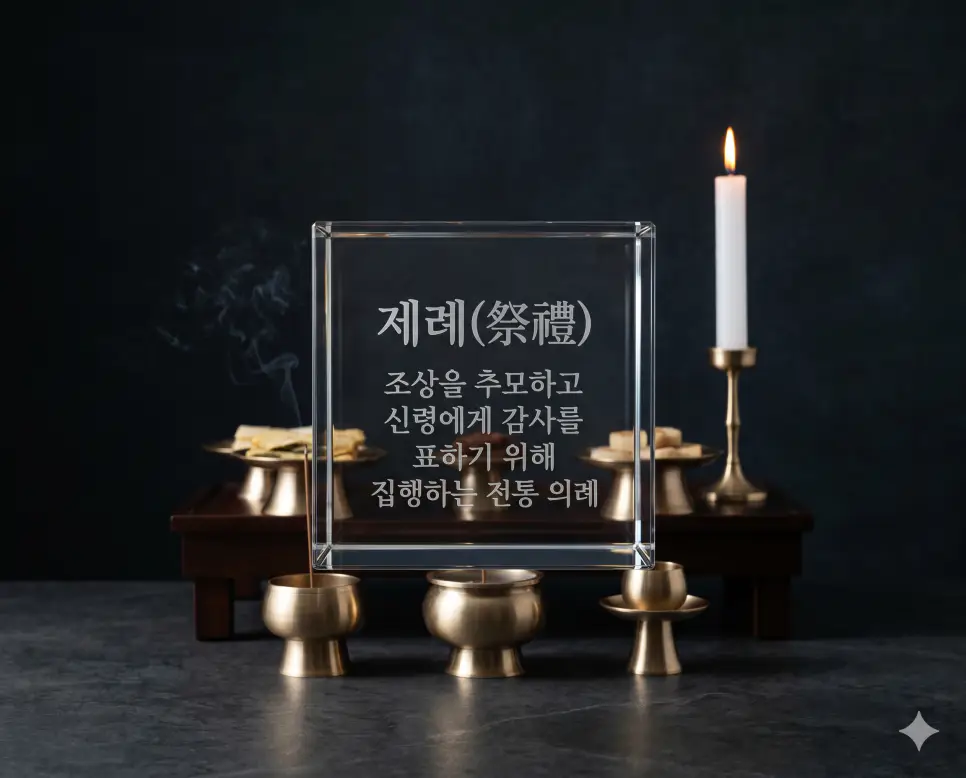 제례(祭禮)의 숭고한 추모와 감사의 의미를 프리미엄 K-매거진 에디토리얼 스타일로 전달하기 위해, 미니멀한 어두운 톤의 스튜디오에서 정갈한 유기그릇과 단 하나의 높은 촛불 불꽃이 조화를 이룬 세련된 현대식 제사상을 촬영한 고해상도 실사 이미지입니다. 압도적인 시각적 완성도와 가독성을 위해 크리스털 큐브 위에 실버/화이트 톤의 세련된 큰 글씨로 용어 정의를 각인했습니다.