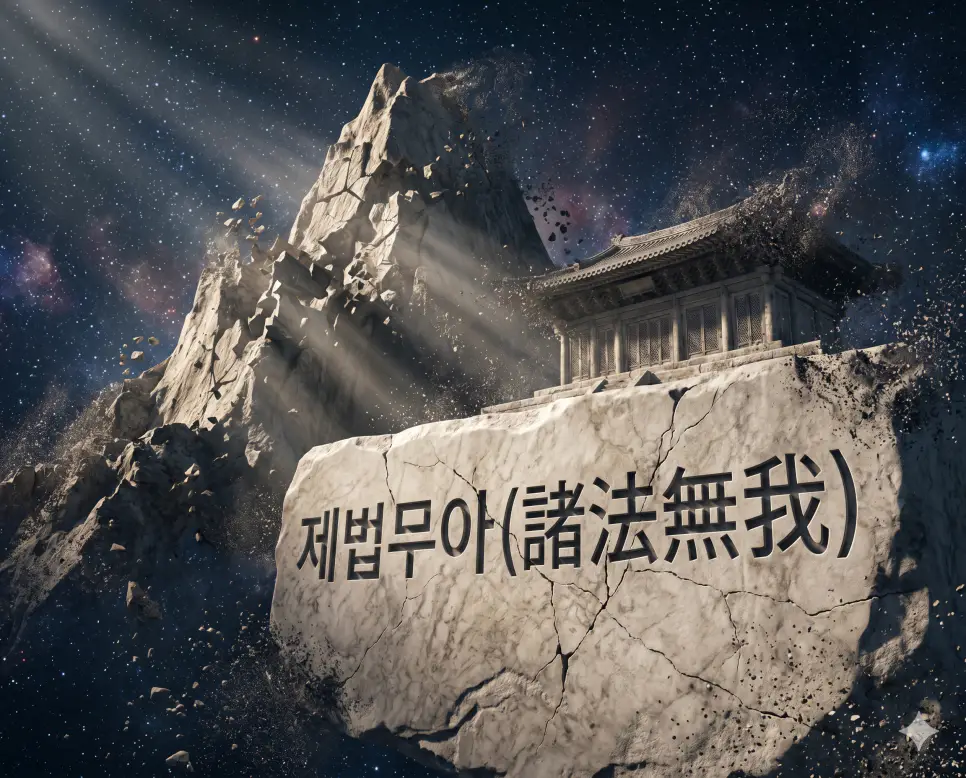무상 뜻, 무아 뜻, 제법무아 뜻: 끊임없이 변화하는 우주 만물과 고정된 실체의 타파 3 제법무아 핵심 교리 뜻을 표기하기 위해 거대한 대리석 암석 표면에 키워드가 정교하게 조각되어 우주 공간 속 먼지 입자로 무수히 부서져 나가는 초현실주의 개념 예술 이미지