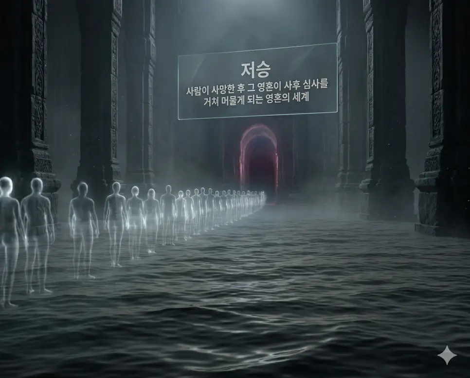 저승 뜻, 황천 뜻, 명부 뜻: 사후 심판과 영혼이 머무는 지하 세계 완벽 정리 1 저승의 엄숙한 분위기를 극사실적으로 전달하기 위해, 고대 어두운 돌로 지어진 거대한 홀 안에서 반투명한 영혼들이 멀리 빛나는 심판의 문을 향해 길게 줄을 서 있는 찰나의 순간을 촬영한 고해상도 실사 이미지입니다. 세련된 실버 톤의 적당한 크기 글씨로 용어 정의를 각인하여 영혼의 종착지를 시각화했습니다.