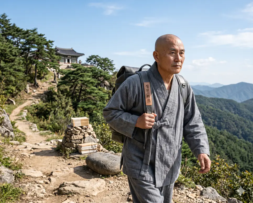 공안 뜻, 선정 뜻, 정진 뜻: 분별심을 타파하는 화두와 평온을 향한 의지적 노력 3 정진 의지적 행동 뜻을 표기하기 위해 푸른 산길 위에서 수행자가 한마음으로 쉼 없이 부지런히 목표를 향해 걸어 올라가는 인물 실사 이미지