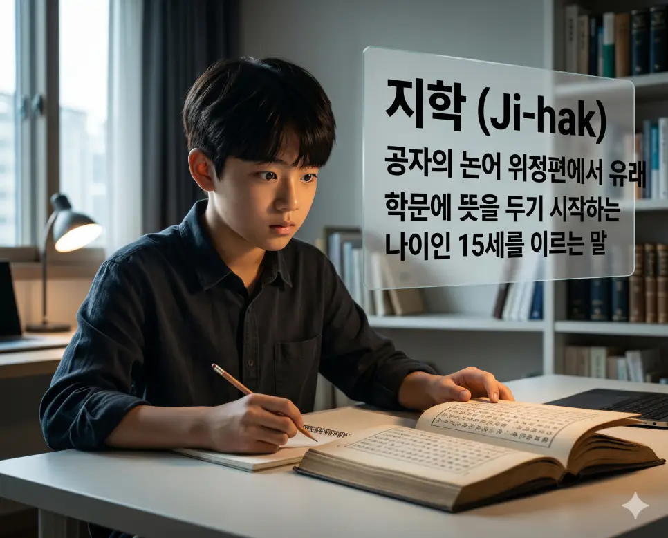 지학(Ji-hak)의 진지한 학구열을 즉각적으로 인지할 수 있도록, 햇살이 부드럽게 비치는 현대적 서재 책상에 앉아 고전 서적을 펼쳐놓고 호기심 가득한 눈빛으로 학문에 몰입하는 15세 한국인 소년의 모습을 촬영한 고해상도 실사 이미지입니다. 인생에서 처음으로 학문에 뜻을 두는 시기의 열정과 진중함을 인물의 집중된 표정과 정돈된 학습 환경을 통해 직관적으로 시각화했습니다.