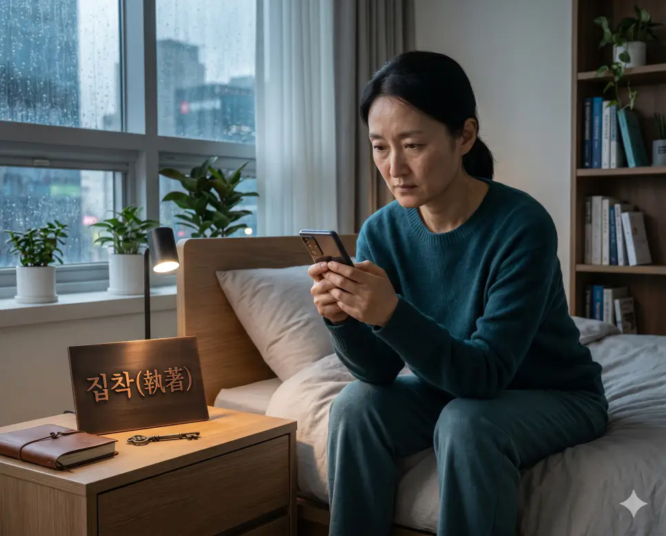 탐욕 뜻, 무명 뜻, 집착 뜻: 고통을 자아내는 근본적 무지와 마음의 병증 3 집착 마음의 병증 뜻을 표기하기 위해 비 오는 날 침대 가장자리에 앉아 스마트폰을 두 손으로 꽉 쥐고 고통스러워하는 인물 실사 이미지
