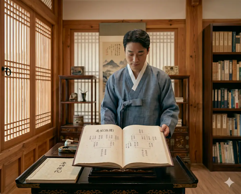 가계 뜻, 족보 뜻, 시호 뜻: 가문의 경제적 토대와 역사적 기록이 남긴 명예 2 족보 뜻 역사적 기록을 수립하기 위해 서재 내부에서 가문의 족보 책 표지에 박힌 타이포그래피를 정밀하게 읽는 인물 실사 모습