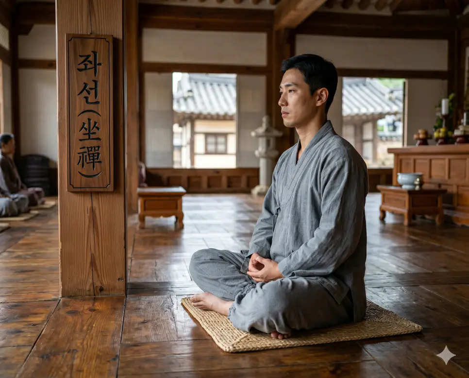 좌선 실천 형태 의미를 시각화하기 위해 고요한 사찰 대청마루 위에서 한 남성이 가부좌를 틀고 호흡을 제어하는 인물 실사 모습